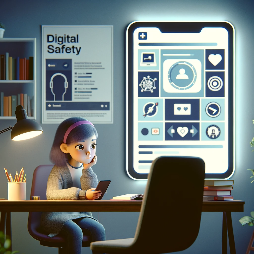 A digital artwork depicting a scene related to social media safety for teenagers. The image shows a teenage girl sitting in her room, looking thoughtf.png restricción de contenidos para adolescentes en Facebook