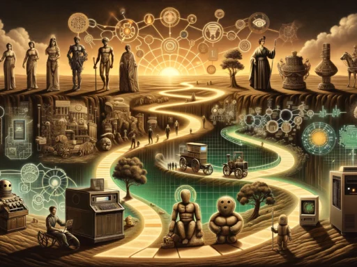 A visual timeline highlighting key milestones in the history of artificial intelligence, starting from ancient myths of mechanical beings like Talos a.webp