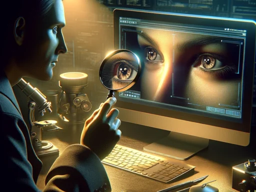 A digital detective examining a computer screen with a magnifying glass, revealing the subtle differences between real human eyes and those created by AI