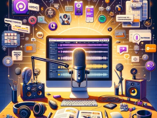 Visualize a scene that embodies the essence of a guide for creating, distributing, and monetizing a podcast in 2024