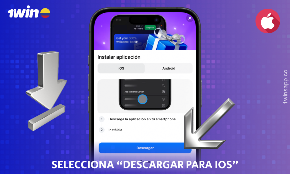 Seleccione Descargar para iOS para descargar la aplicación móvil 1win Colombia