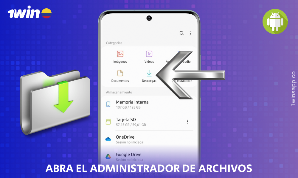 Después de descargar el archivo APK, abra su administrador de archivos para instalar la aplicación móvil 1win para Android